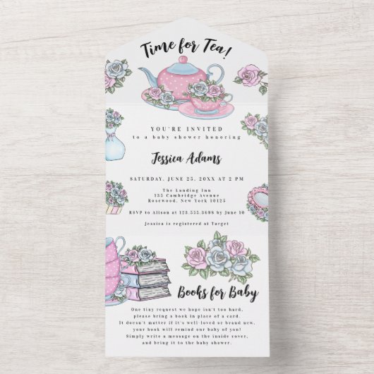 Tea Party Baby shower Blue en roze All In One Uitnodiging (Binnen)