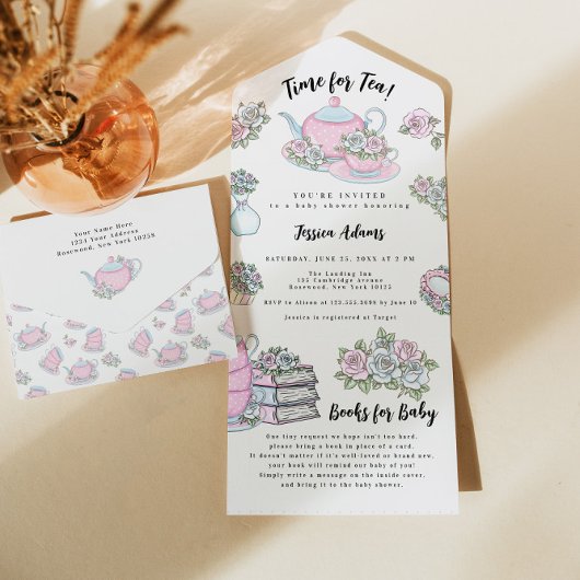 Tea Party Baby shower Blue en roze All In One Uitnodiging