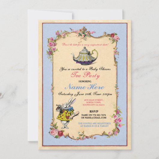 Tea Party Baby shower Blue roze Teapot Invitation Kaart (Voorkant)