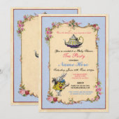 Tea Party Baby shower Blue roze Teapot Invitation Kaart (Voorkant / Achterkant)