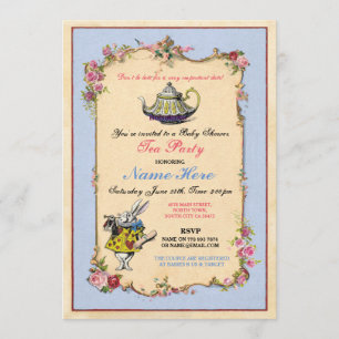 Tea Party Baby shower Blue roze Teapot Invitation Kaart