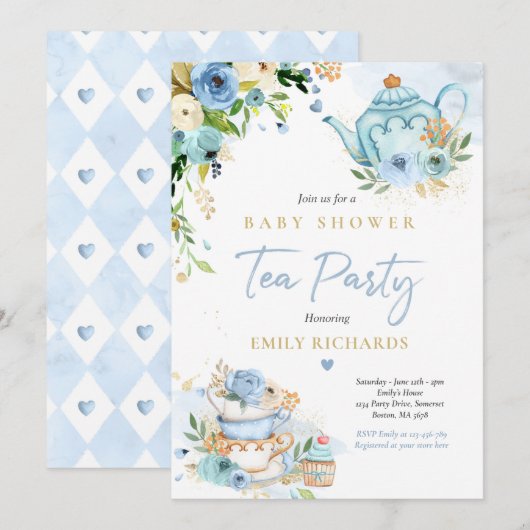 Tea Party Baby shower Boy Blue Roos Brewing Kaart (Voorkant / Achterkant)