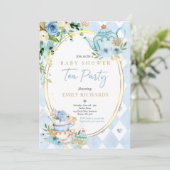 Tea Party Baby shower Boy Blue Rozen Baby Brewing Kaart (Staand voorkant)