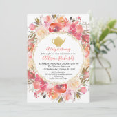 Tea party baby shower call, coral blush roze kaart (Staand voorkant)