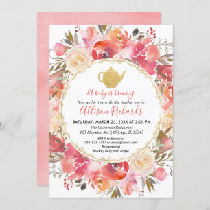 Tea party baby shower call, coral blush roze kaart