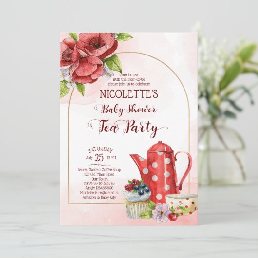 Tea party baby shower call sjabloon kaart (Staand voorkant)