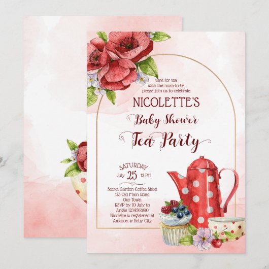 Tea party baby shower call sjabloon kaart (Voorkant / Achterkant)