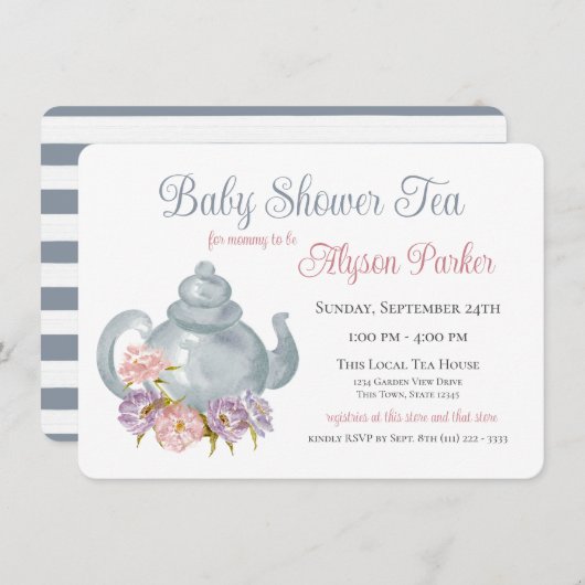 Tea Party Baby shower Floral Tea Pot Invitation Kaart (Voorkant / Achterkant)
