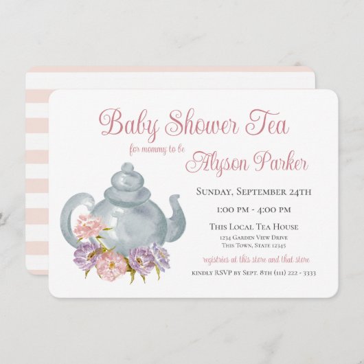 Tea Party Baby shower Floral Tea Pot Invitation Kaart (Voorkant / Achterkant)