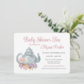 Tea Party Baby shower Floral Tea Pot Invitation Kaart (Staand voorkant)