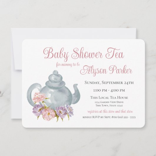 Tea Party Baby shower Floral Tea Pot Invitation Kaart (Voorkant)