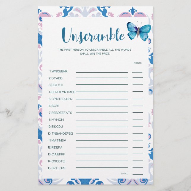 Tea Party Baby shower Game Baby Word Scramble spel (Voorkant)