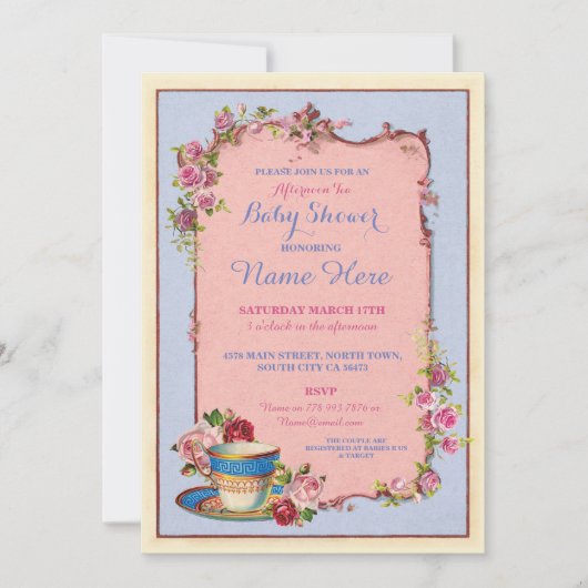 Tea Party Baby shower Garden Teacup Invitation Kaart (Voorkant)