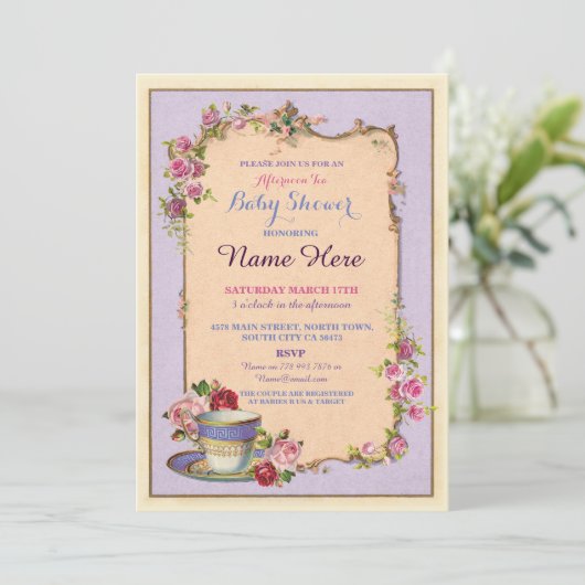Tea Party Baby shower Garden Teacup Invitation Kaart (Staand voorkant)