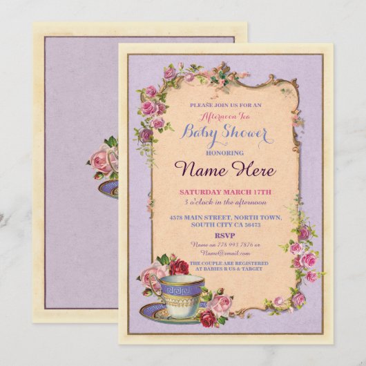 Tea Party Baby shower Garden Teacup Invitation Kaart (Voorkant / Achterkant)
