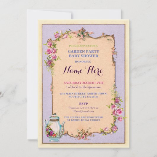 Tea Party Baby shower Garden Teapot Uitnodiging (Voorkant)