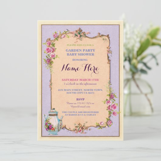 Tea Party Baby shower Garden Teapot Uitnodiging (Staand voorkant)
