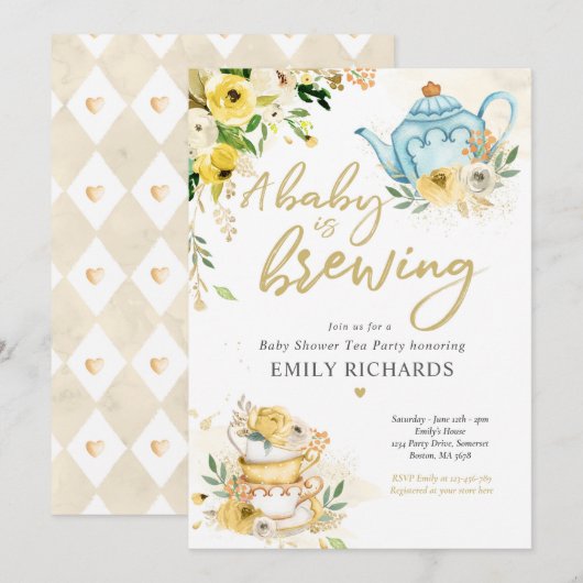 Tea Party Baby shower Gender Neutral Baby Breining Kaart (Voorkant / Achterkant)