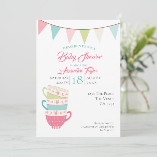 Tea Party Baby shower Gepersonaliseerd Kaart (Staand voorkant)