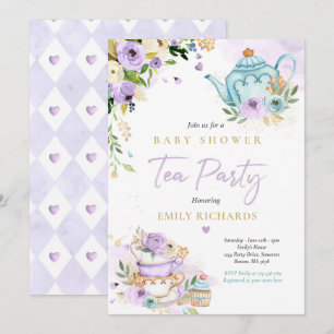 Tea Party Baby shower Girl Lila Roos Brewing Baby Kaart