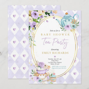 Tea Party Baby shower Girl Lila Roos Brewing Baby Kaart