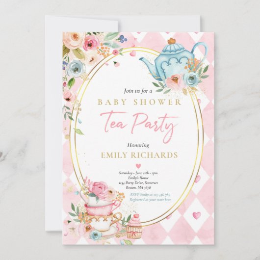 Tea Party Baby shower Girl Pink Roses Baby Brewing Kaart (Voorkant)