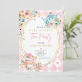 Tea Party Baby shower Girl Pink Roses Baby Brewing Kaart (Staand voorkant)