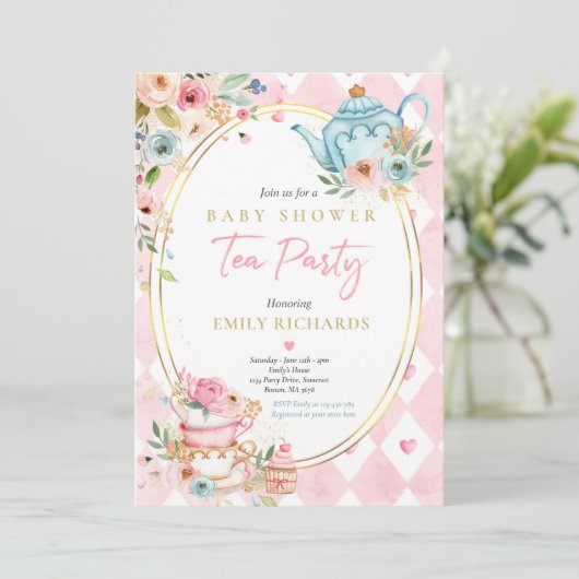 Tea Party Baby shower Girl Pink Roses Baby Brewing Kaart (Staand voorkant)