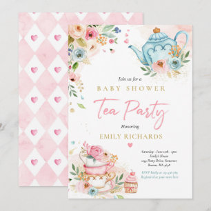 Tea Party Baby shower Girl Pink Roses Baby Brewing Kaart