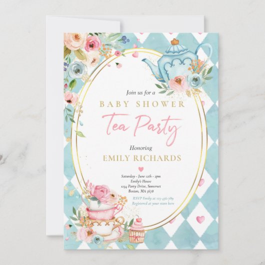 Tea Party Baby shower Girl Pink Roses Baby Brewing Kaart (Voorkant)