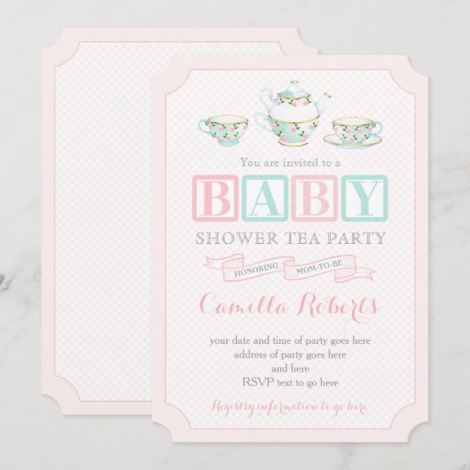 Tea Party Baby Shower Invitaties voor baby girl Kaart (Voorkant / Achterkant)
