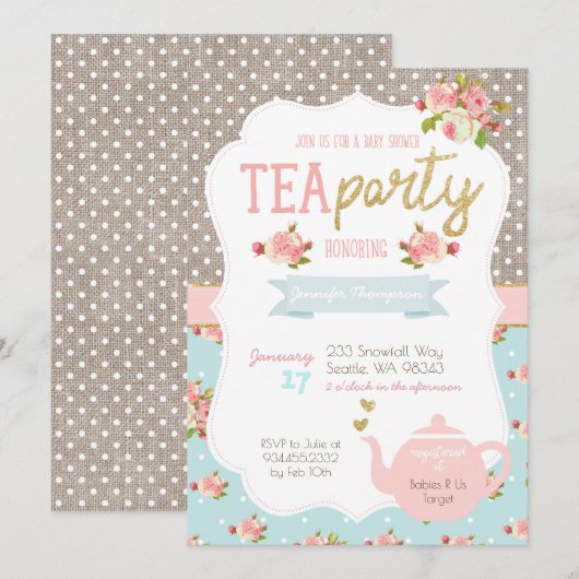 Tea Party Baby shower Invitation Kaart (Voorkant / Achterkant)