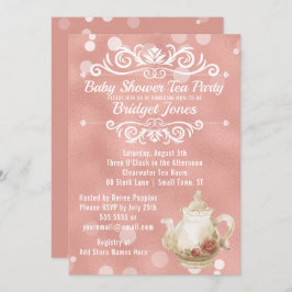 Tea Party Baby shower Invitation Roos Gold Kaart