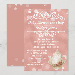 Tea Party Baby shower Invitation Roos Gold Kaart