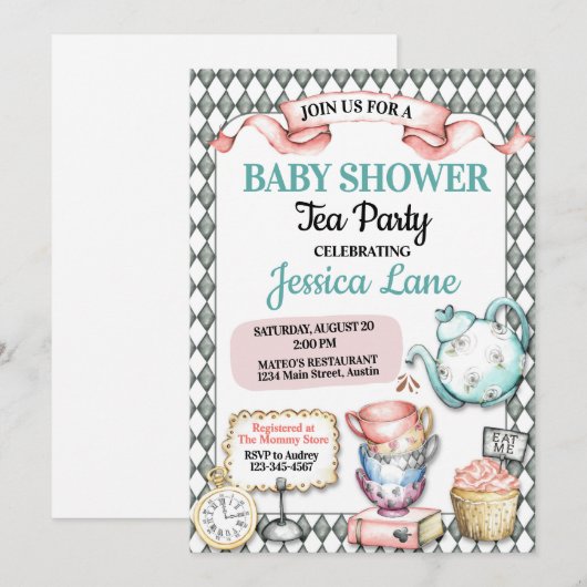  Tea Party Baby shower Kaart (Voorkant / Achterkant)