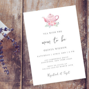 Tea Party Baby shower Minimal Pink Theepot Kaart