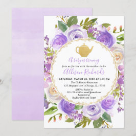 Tea party baby shower paarse lavender lila floraal kaart