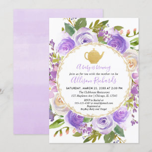 Tea party baby shower paarse lavender lila floraal kaart
