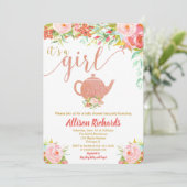 Tea party baby shower roos goud kaart (Staand voorkant)