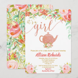 Tea party baby shower roos goud kaart