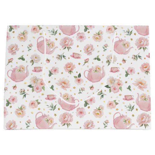 Tea Party Baby shower Roze Bloemen Grote Geschenkt Groot Cadeauzakje (Voorkant)