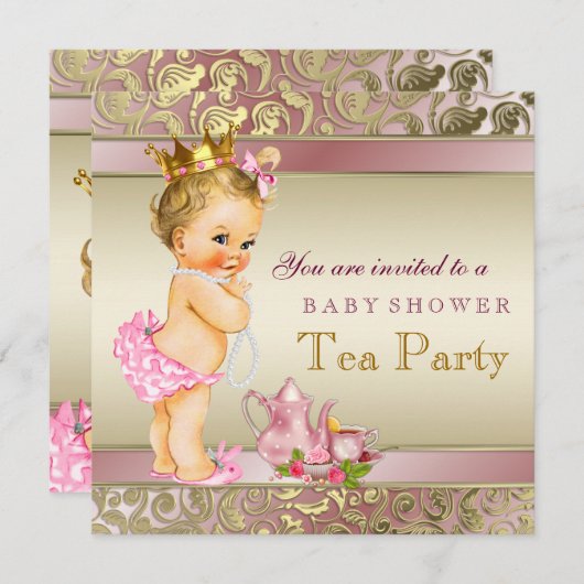 Tea Party Baby shower roze en goud Kaart (Voorkant / Achterkant)