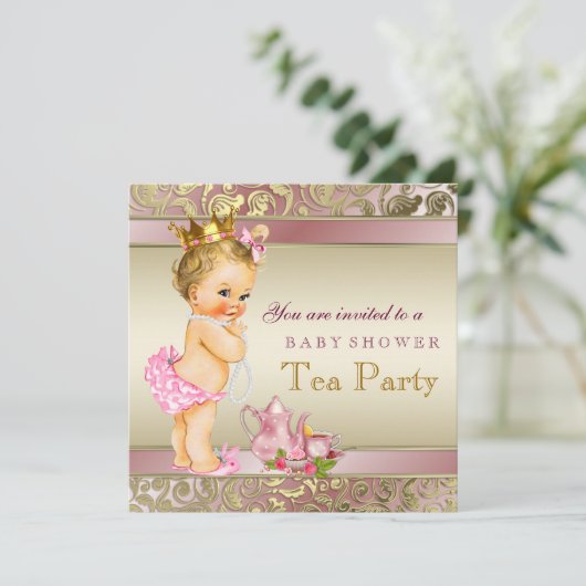 Tea Party Baby shower roze en goud Kaart (Staand voorkant)