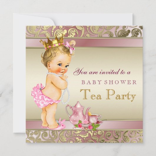 Tea Party Baby shower roze en goud Kaart (Voorkant)