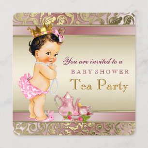 Tea Party Baby shower roze en gouden parel Kaart