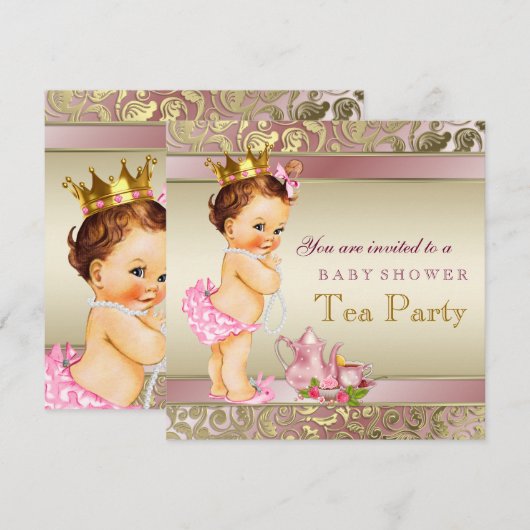Tea Party Baby shower roze en gouden parel Kaart (Voorkant / Achterkant)