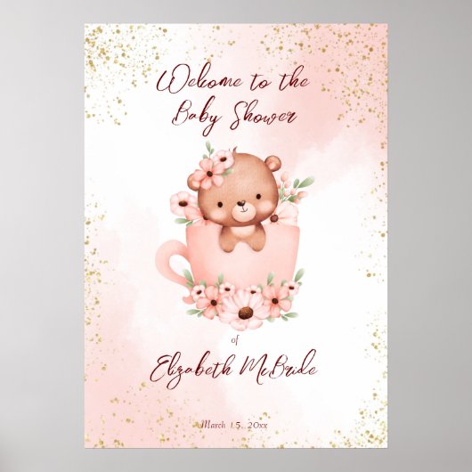 Tea party baby shower roze teddy in een bekertje w poster (Voorkant)