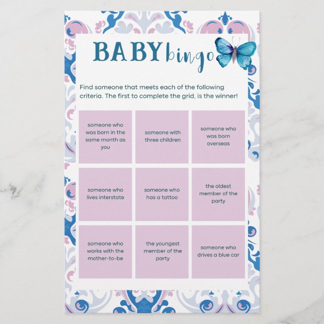 Tea party Baby shower spel ijsbreker bingoblad (Voorkant)