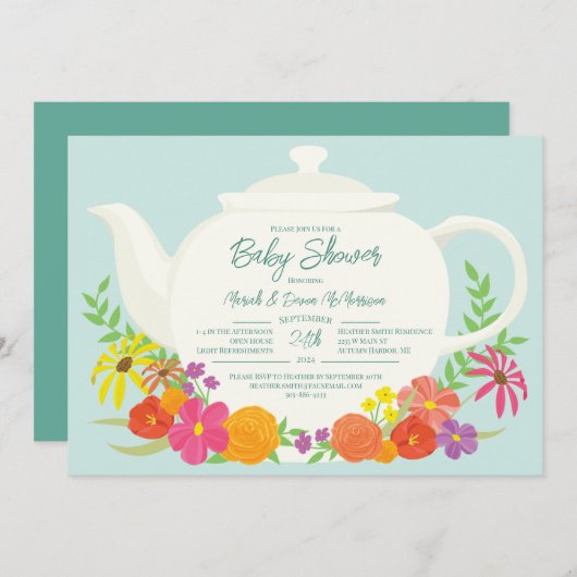 Tea Party Baby shower teapot Kaart (Voorkant / Achterkant)