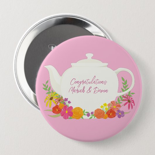Tea Party Baby shower Teapot roze Girl Ronde Button 4,0 Cm (Voorkant /achterkant)